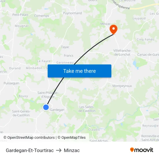 Gardegan-Et-Tourtirac to Minzac map
