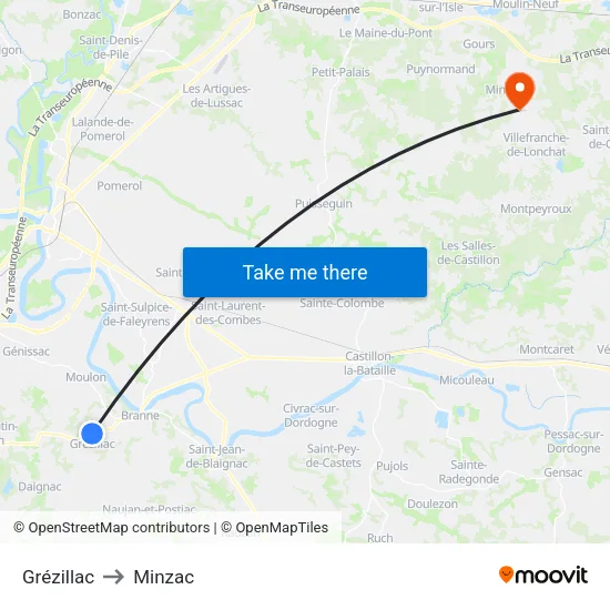 Grézillac to Minzac map