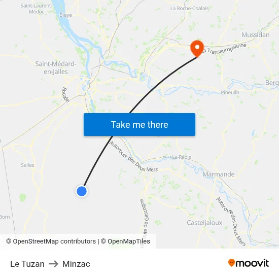Le Tuzan to Minzac map