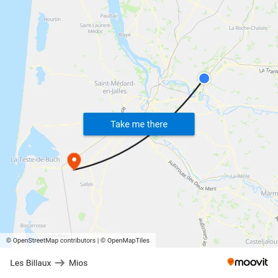 Les Billaux to Mios map