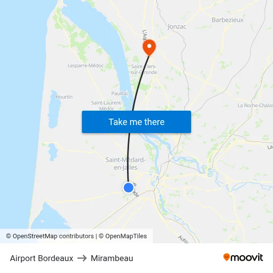 Airport Bordeaux to Mirambeau map