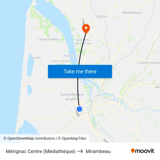 Mérignac Centre (Médiathèque) to Mirambeau map