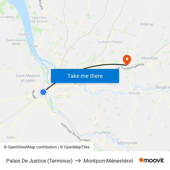 Palais De Justice (Terminus) to Montpon-Ménestérol map