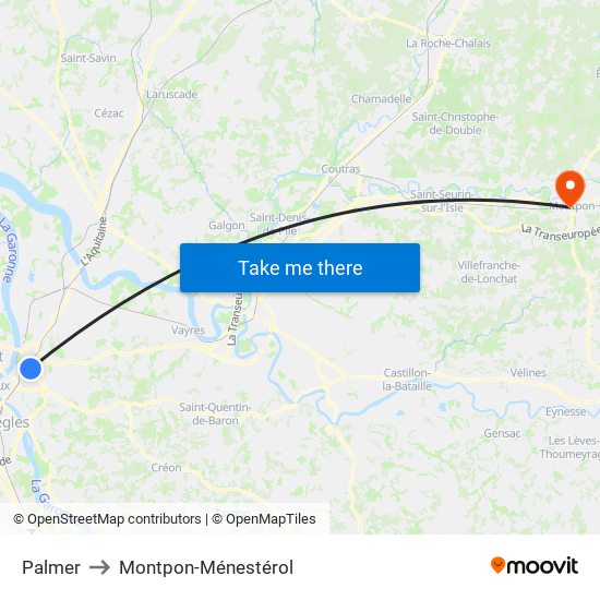 Palmer to Montpon-Ménestérol map