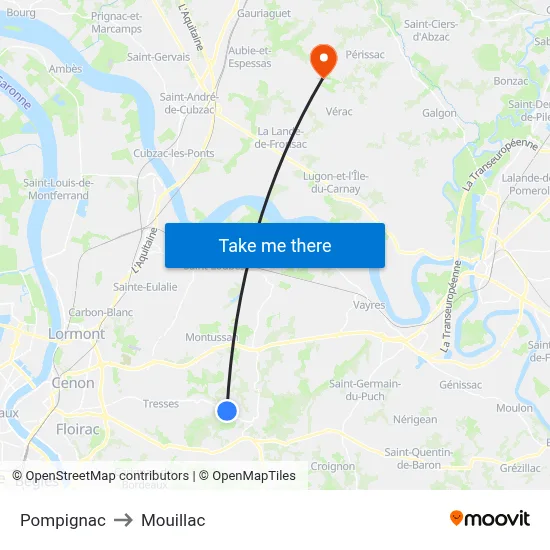 Pompignac to Mouillac map