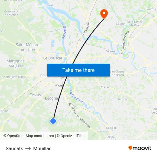 Saucats to Mouillac map