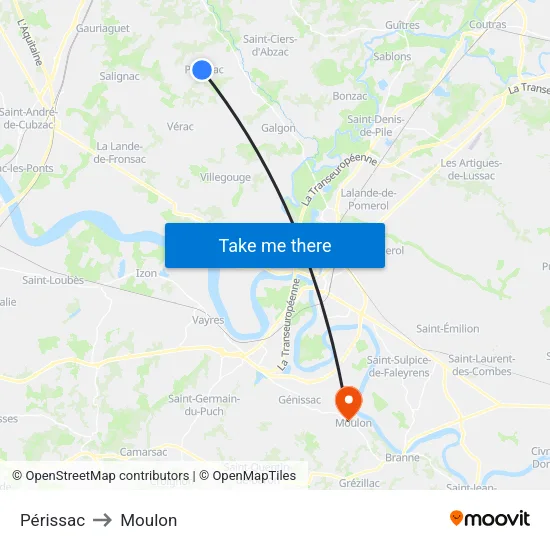Périssac to Moulon map