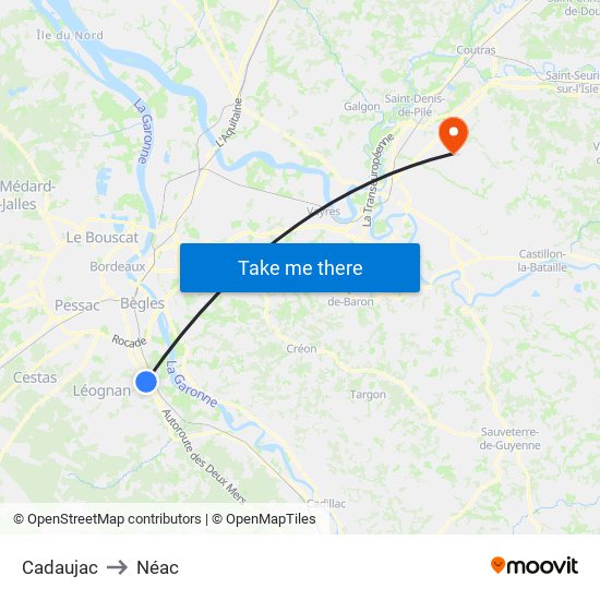 Cadaujac to Néac map