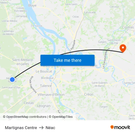 Martignas Centre to Néac map