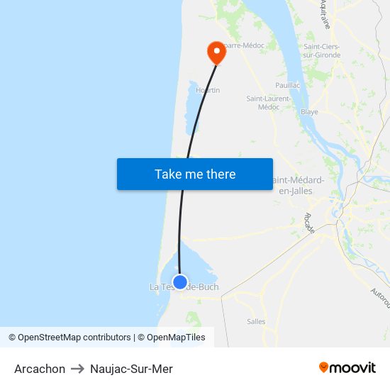 Arcachon to Naujac-Sur-Mer map
