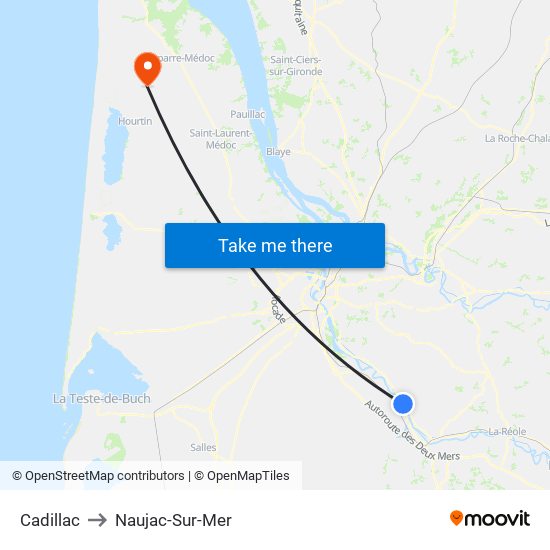 Cadillac to Naujac-Sur-Mer map