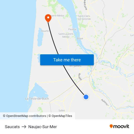 Saucats to Naujac-Sur-Mer map