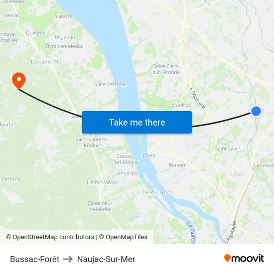 Bussac-Forêt to Naujac-Sur-Mer map
