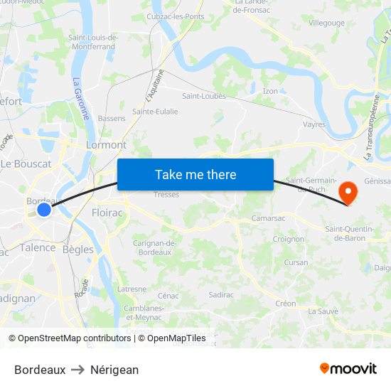 Bordeaux to Nérigean map