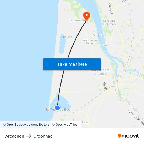 Arcachon to Ordonnac map