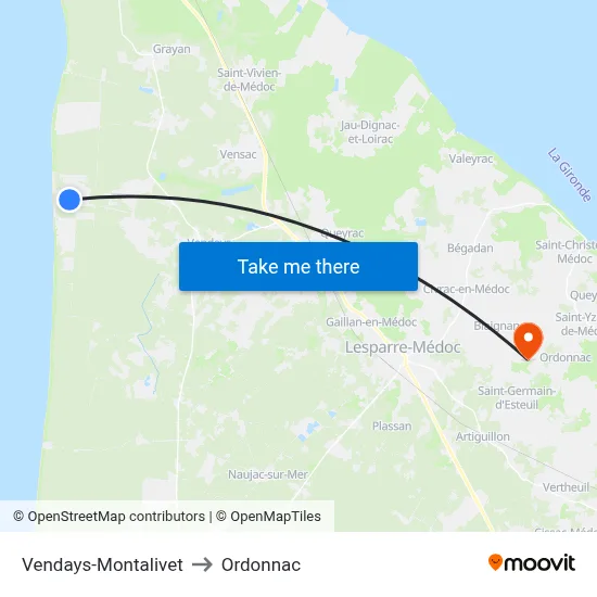 Vendays-Montalivet to Ordonnac map
