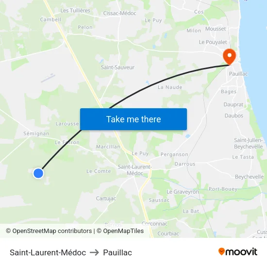 Saint-Laurent-Médoc to Pauillac map