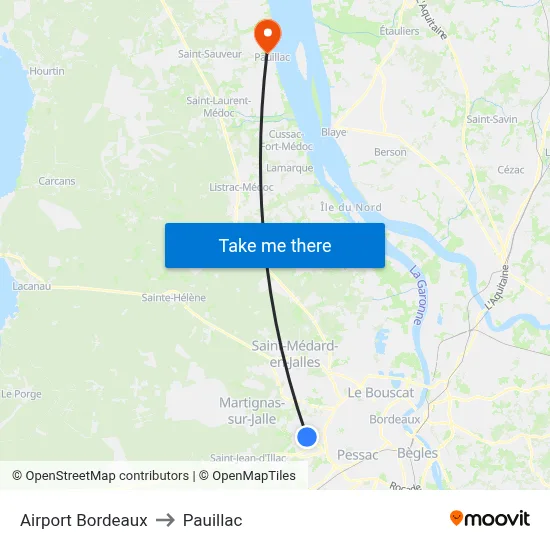 Airport Bordeaux to Pauillac map