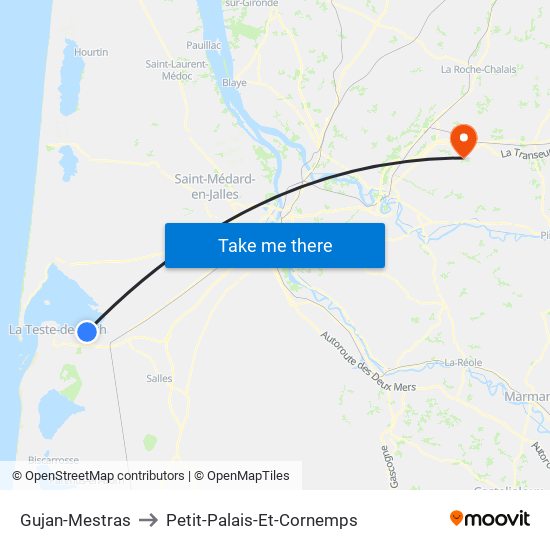 Gujan-Mestras to Petit-Palais-Et-Cornemps map