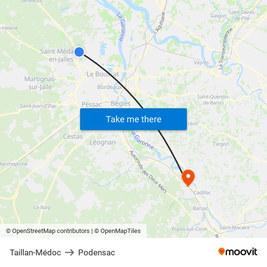 Taillan-Médoc to Podensac map
