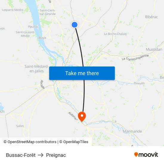 Bussac-Forêt to Preignac map