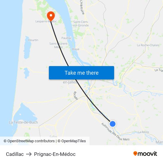 Cadillac to Prignac-En-Médoc map