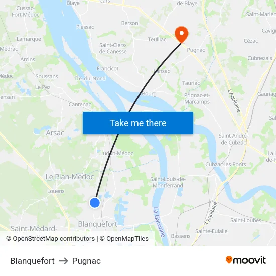 Blanquefort to Pugnac map