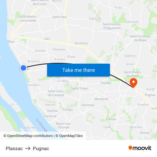 Plassac to Pugnac map