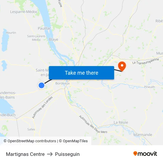 Martignas Centre to Puisseguin map