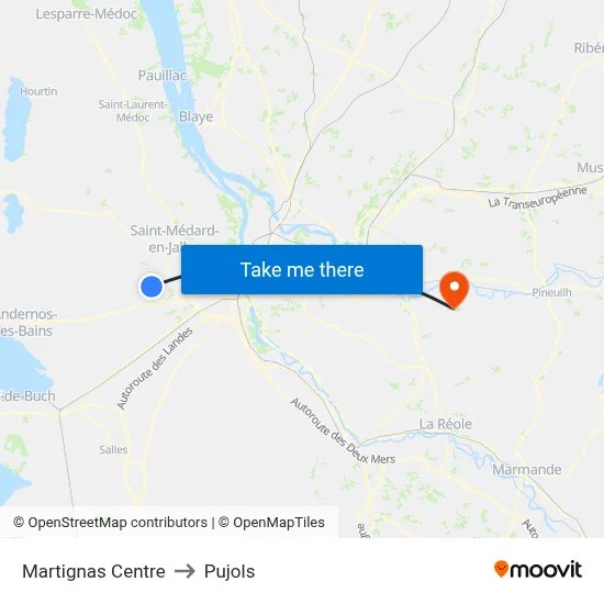 Martignas Centre to Pujols map