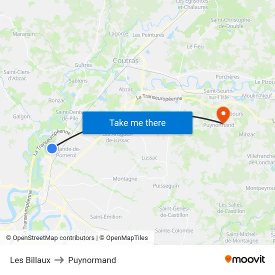 Les Billaux to Puynormand map