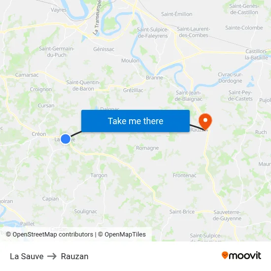 La Sauve to Rauzan map