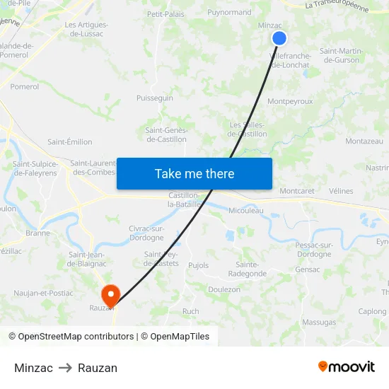 Minzac to Rauzan map