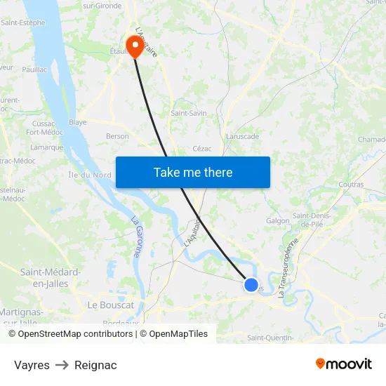 Vayres to Reignac map