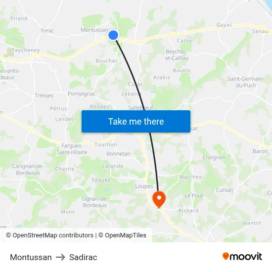 Montussan to Sadirac map