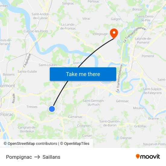 Pompignac to Saillans map