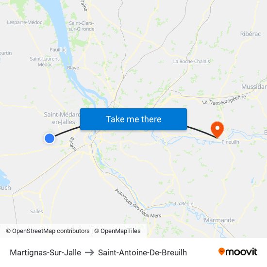 Martignas-Sur-Jalle to Saint-Antoine-De-Breuilh map