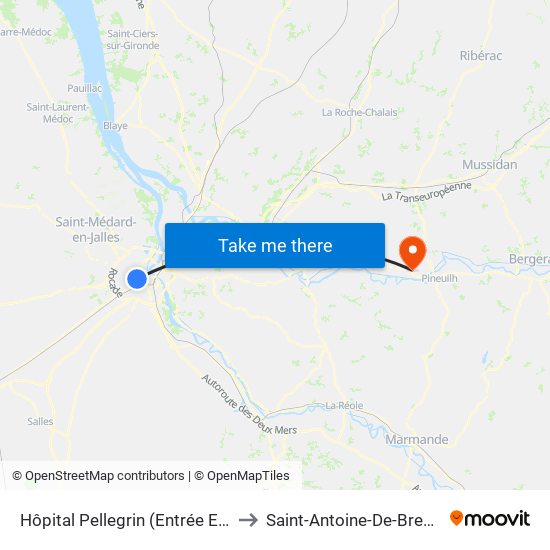 Hôpital Pellegrin (Entrée Est) to Saint-Antoine-De-Breuilh map