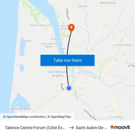Talence Centre-Forum (Côté Esplanade) to Saint-Aubin-De-Blaye map
