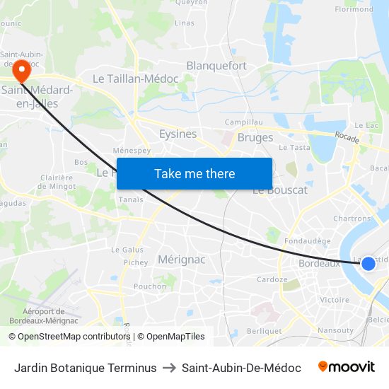 Jardin Botanique Terminus to Saint-Aubin-De-Médoc map