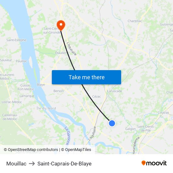 Mouillac to Saint-Caprais-De-Blaye map