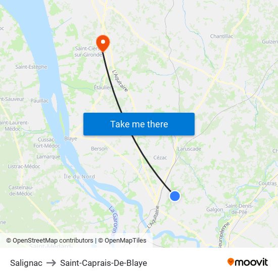 Salignac to Saint-Caprais-De-Blaye map