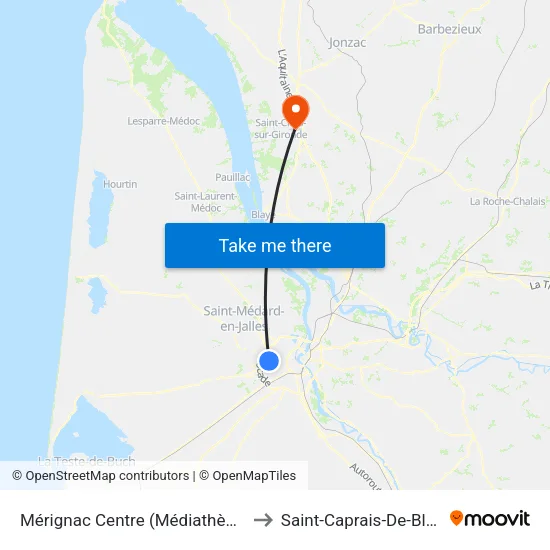 Mérignac Centre (Médiathèque) to Saint-Caprais-De-Blaye map