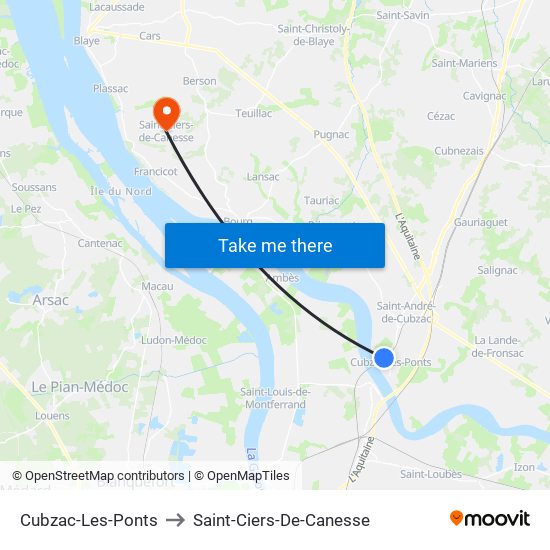 Cubzac-Les-Ponts to Saint-Ciers-De-Canesse map