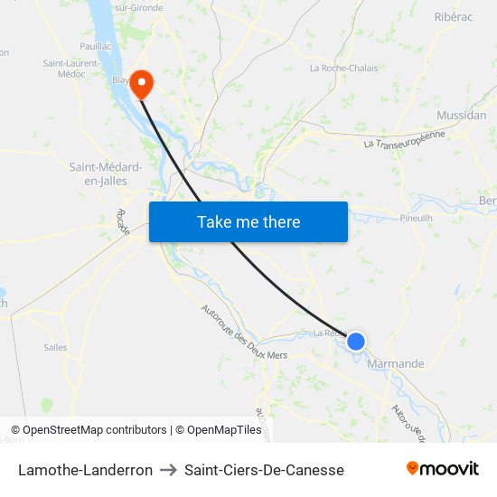 Lamothe-Landerron to Saint-Ciers-De-Canesse map