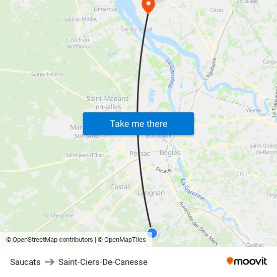Saucats to Saint-Ciers-De-Canesse map