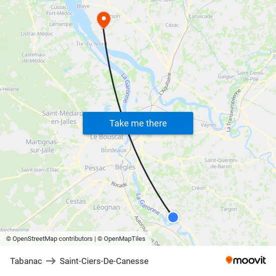 Tabanac to Saint-Ciers-De-Canesse map