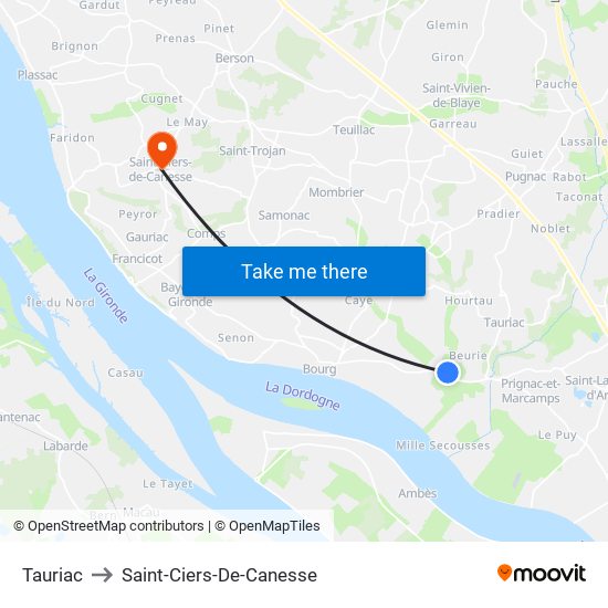 Tauriac to Saint-Ciers-De-Canesse map