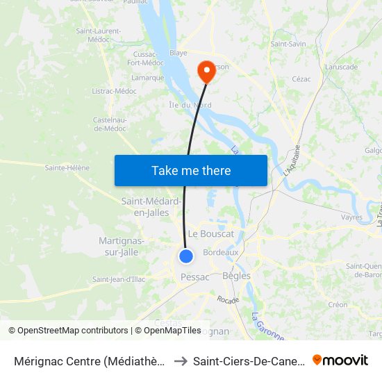 Mérignac Centre (Médiathèque) to Saint-Ciers-De-Canesse map