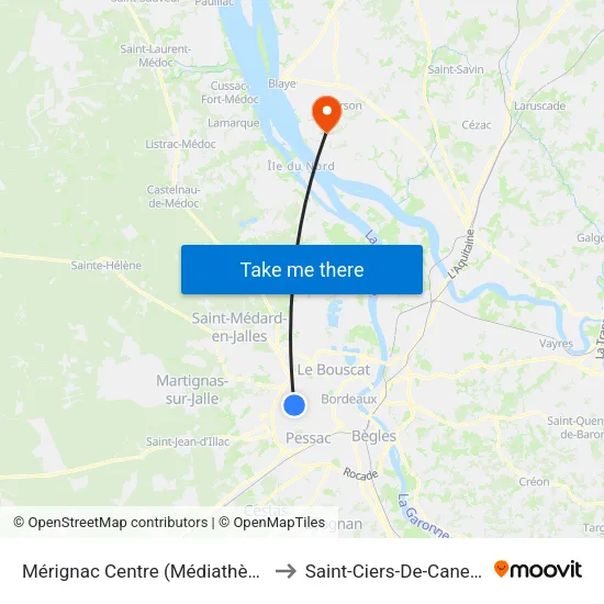 Mérignac Centre (Médiathèque) to Saint-Ciers-De-Canesse map